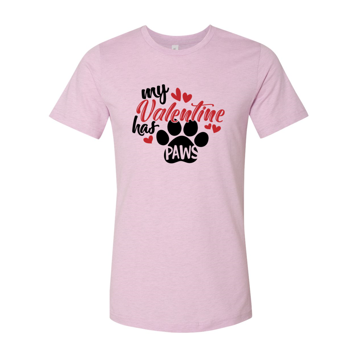 My Valentine Has Paws Shirt in various colors, showcasing a comfortable unisex design made from ring spun cotton.