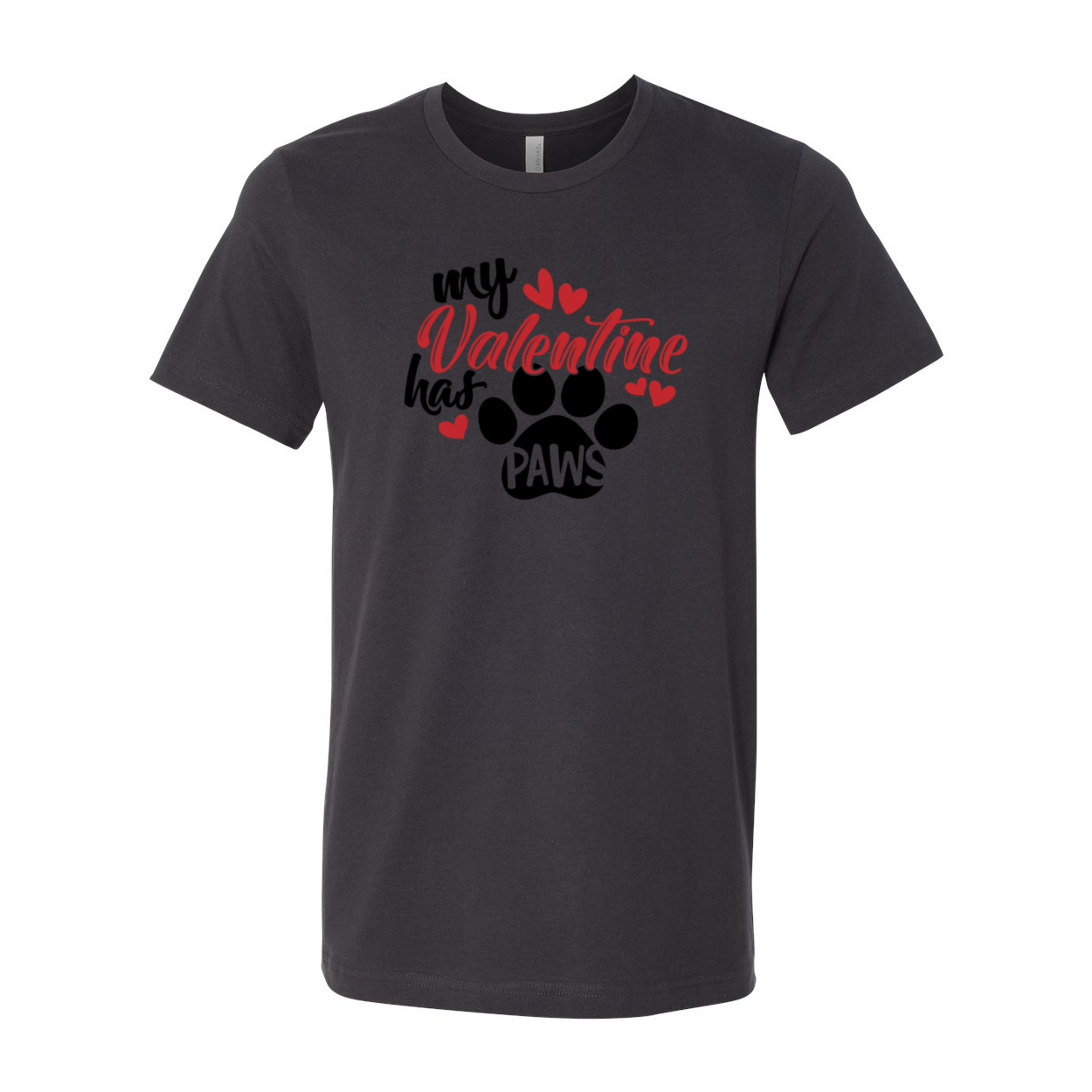 My Valentine Has Paws Shirt in various colors, showcasing a comfortable unisex design made from ring spun cotton.