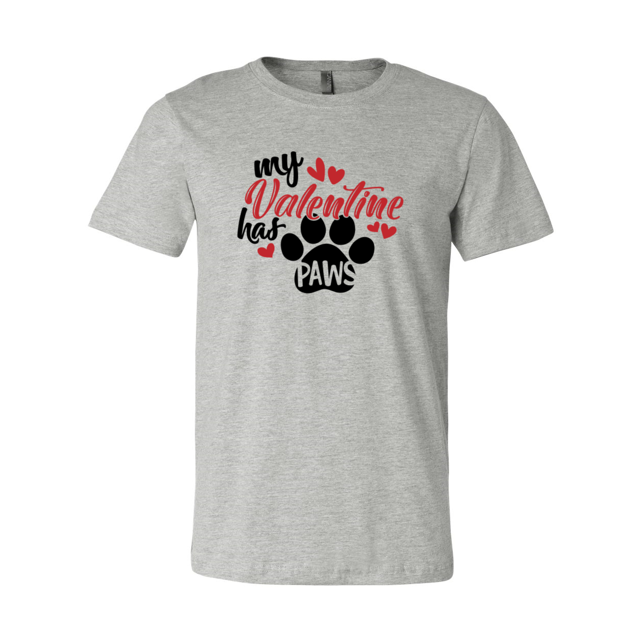 My Valentine Has Paws Shirt in various colors, showcasing a comfortable unisex design made from ring spun cotton.