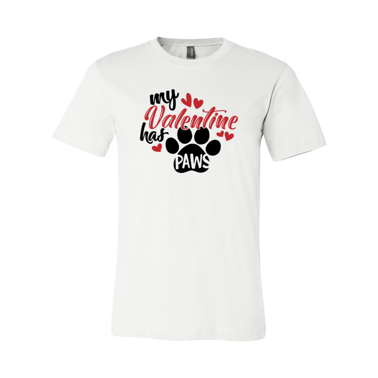 My Valentine Has Paws Shirt in various colors, showcasing a comfortable unisex design made from ring spun cotton.