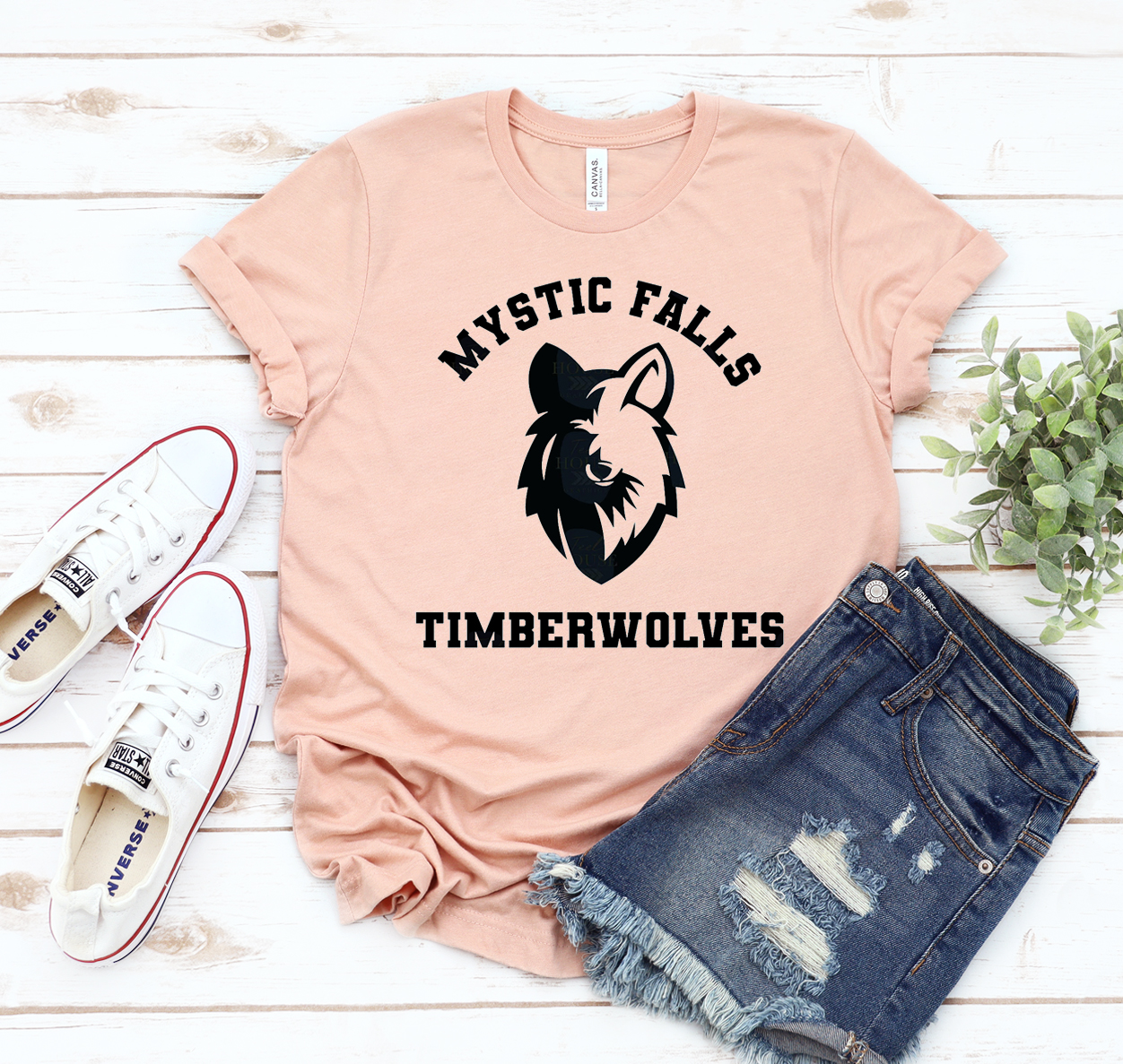 Mystic Falls T-shirt featuring a classic unisex design in soft airlume cotton, available in various sizes.