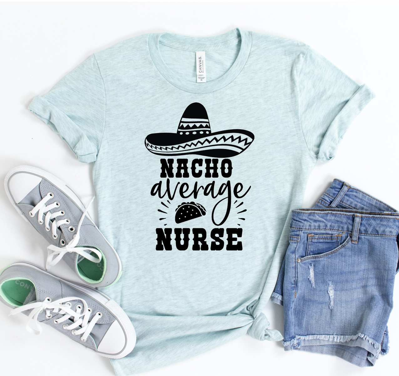 A comfortable unisex t-shirt featuring the phrase 'Nacho Average Nurse' in a fun design, made from soft airlume cotton.