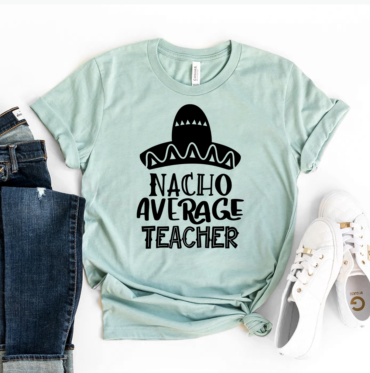 Nacho Average Teacher T-shirt made from premium ring spun cotton with a fun design, available in various sizes.