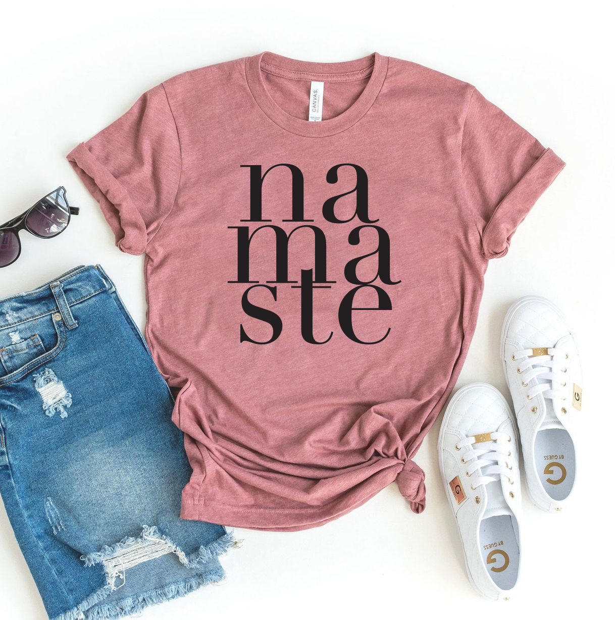 Namaste T-shirt made of premium ring spun cotton with a vibrant flex print design, available in various sizes.