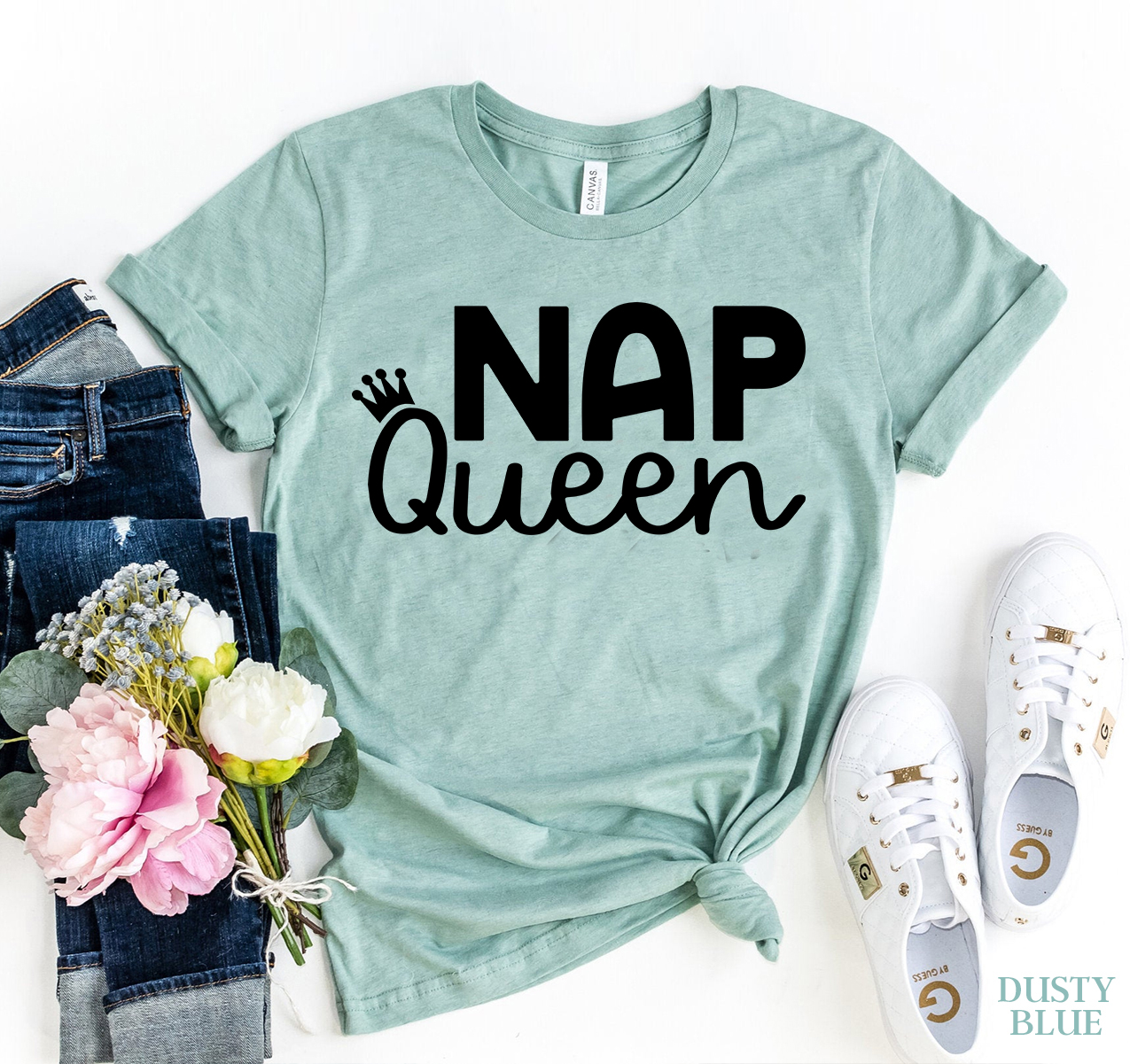 Nap Queen T-shirt made of premium ring spun cotton with a soft textile flex print design, available in various sizes.