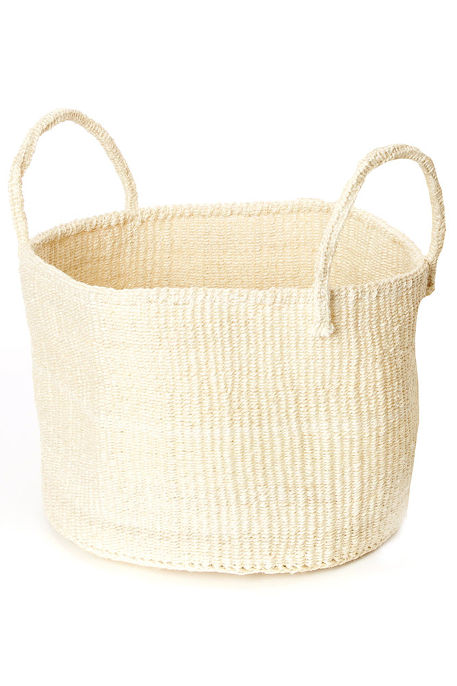 Handwoven natural sisal and fibre African floor storage baskets in cream color, showcasing their unique handcrafted design and durability.