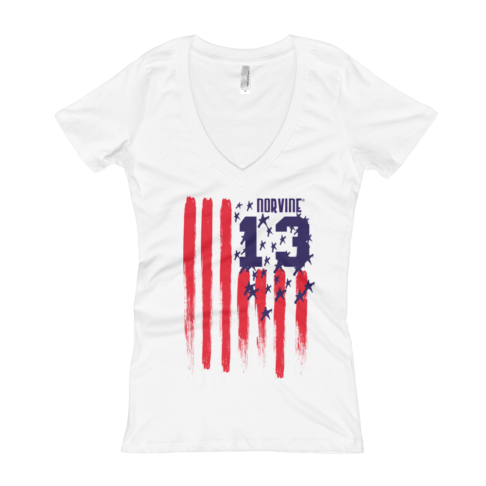 Nevada Girls V-neck t-shirt in white, made from 100% combed cotton, featuring a stylish V-neck design and Norvine logo on the back.