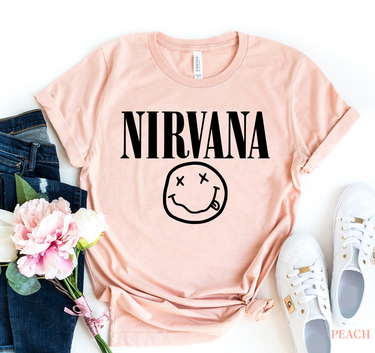 Nirvana T-shirt made of premium ring spun cotton with a soft textile flex print design, available in various sizes.