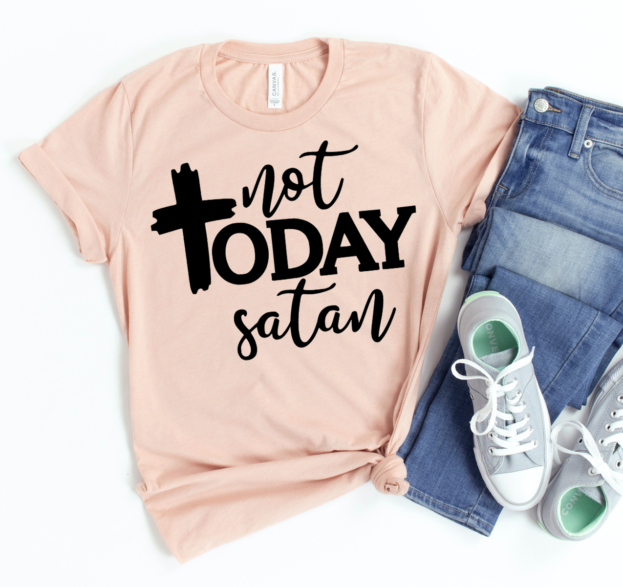 Not Today Satan T-shirt featuring humorous text on a classic unisex Bella Canvas design, made from soft cotton.