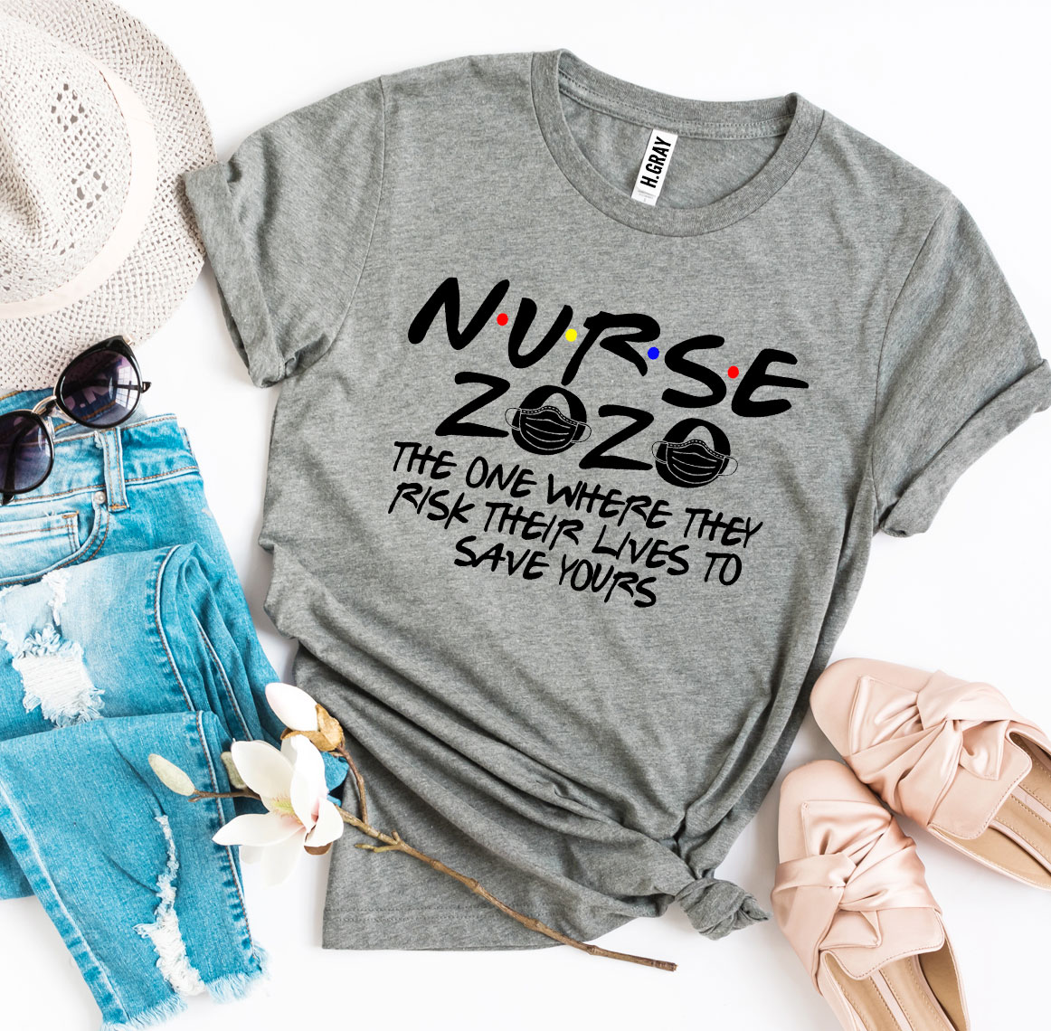 Nurse 2020 T-shirt made of premium ring spun cotton with a soft textile flex print design.