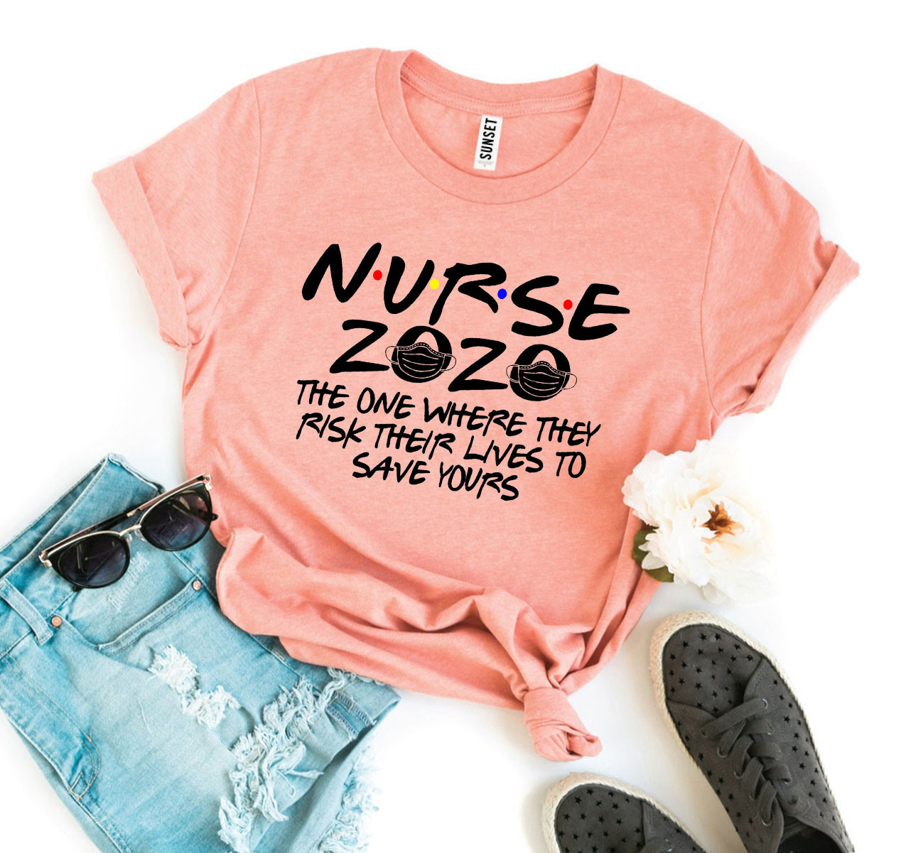 Nurse 2020 T-shirt made of premium ring spun cotton with a soft textile flex print design.