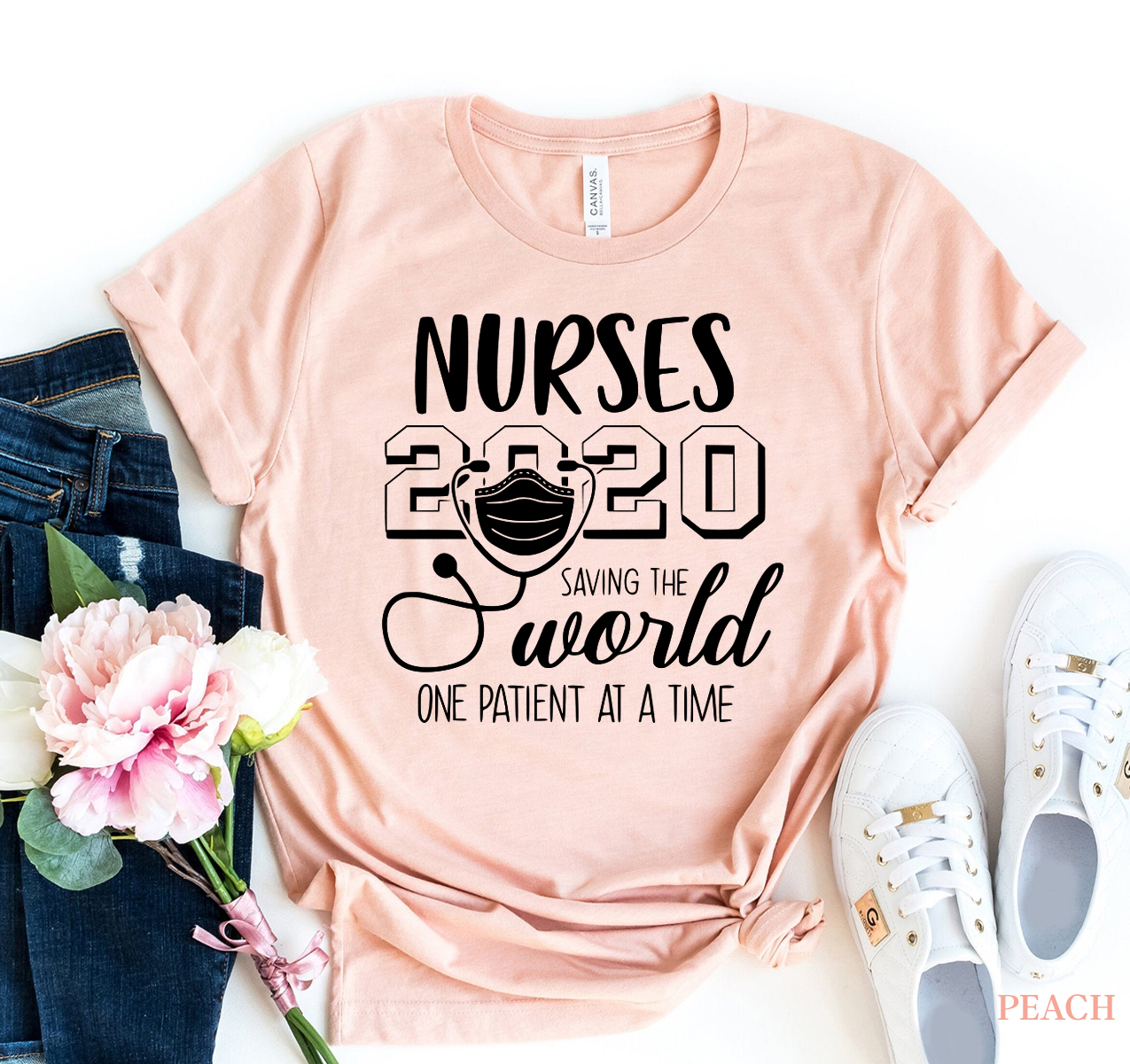 Nurses 2020 T-shirt made of premium ring spun cotton, featuring a soft textile flex print design, available in various sizes.