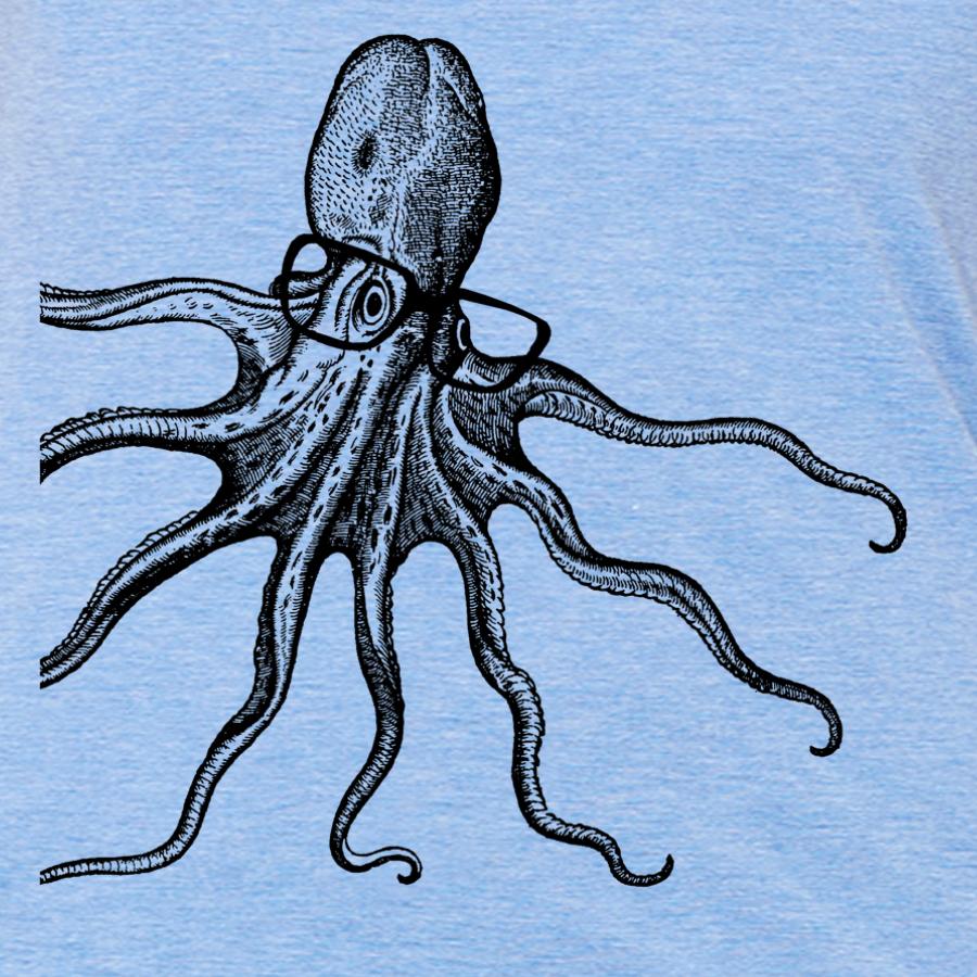 A whimsical t-shirt featuring a colorful octopus wearing stylish glasses, perfect for ocean lovers.