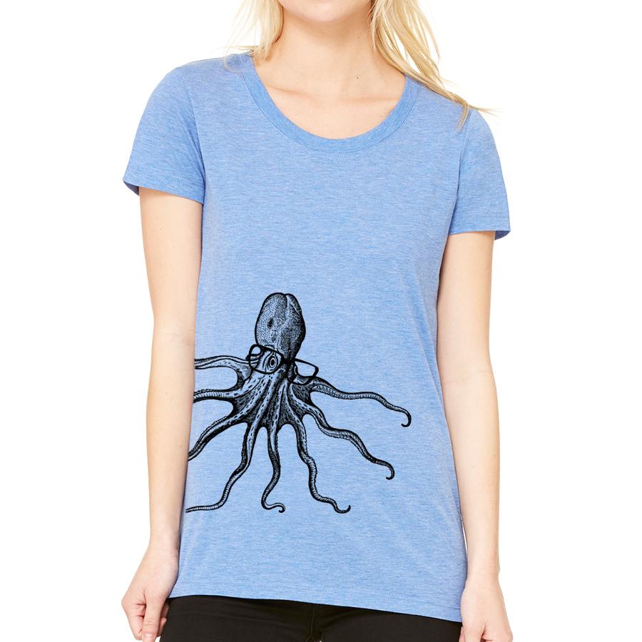 A whimsical t-shirt featuring a colorful octopus wearing stylish glasses, perfect for ocean lovers.