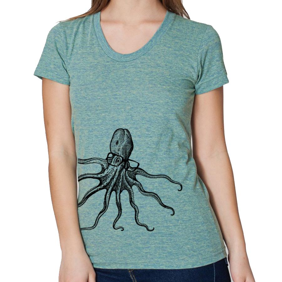 A whimsical t-shirt featuring a colorful octopus wearing stylish glasses, perfect for ocean lovers.