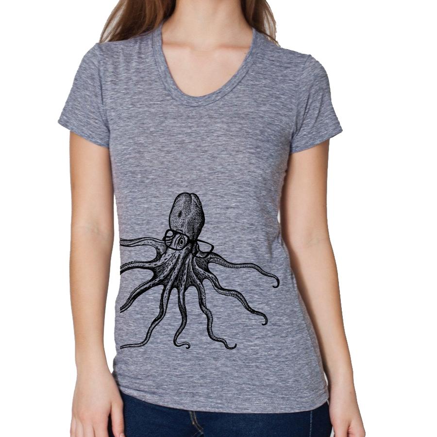 A whimsical t-shirt featuring a colorful octopus wearing stylish glasses, perfect for ocean lovers.