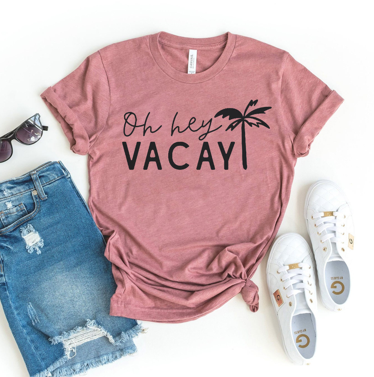 Oh Hey Vacay T-shirt made of premium ring spun cotton, featuring a vibrant flex print design, available in various sizes.