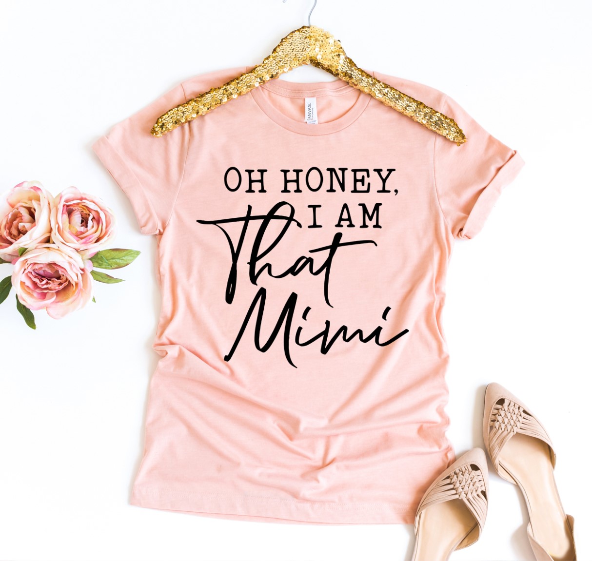 Oh Honey I am That Mimi Shirt in premium ring spun cotton with a soft textile flex print, showcasing its stylish design and comfortable fit.