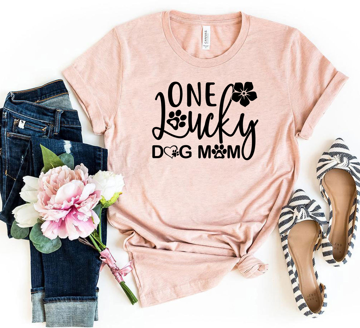 A stylish unisex T-shirt with the phrase 'One Lucky Dog Mom' printed on it, showcasing a comfortable fit and available in various colors.