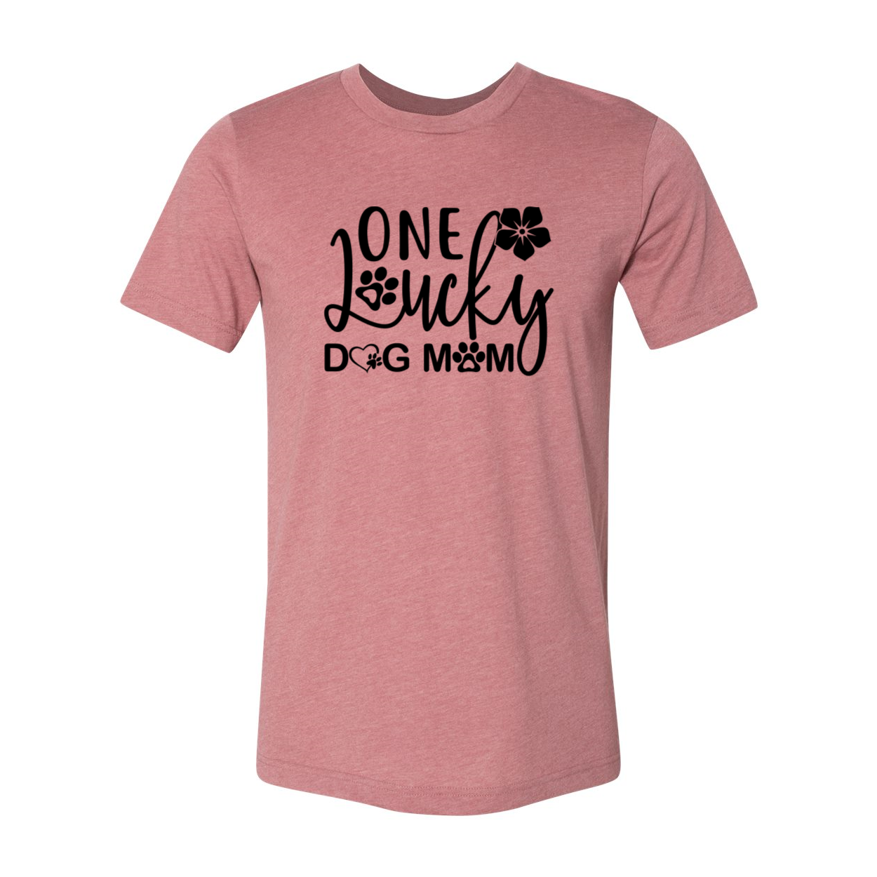 A stylish unisex T-shirt with the phrase 'One Lucky Dog Mom' printed on it, showcasing a comfortable fit and available in various colors.