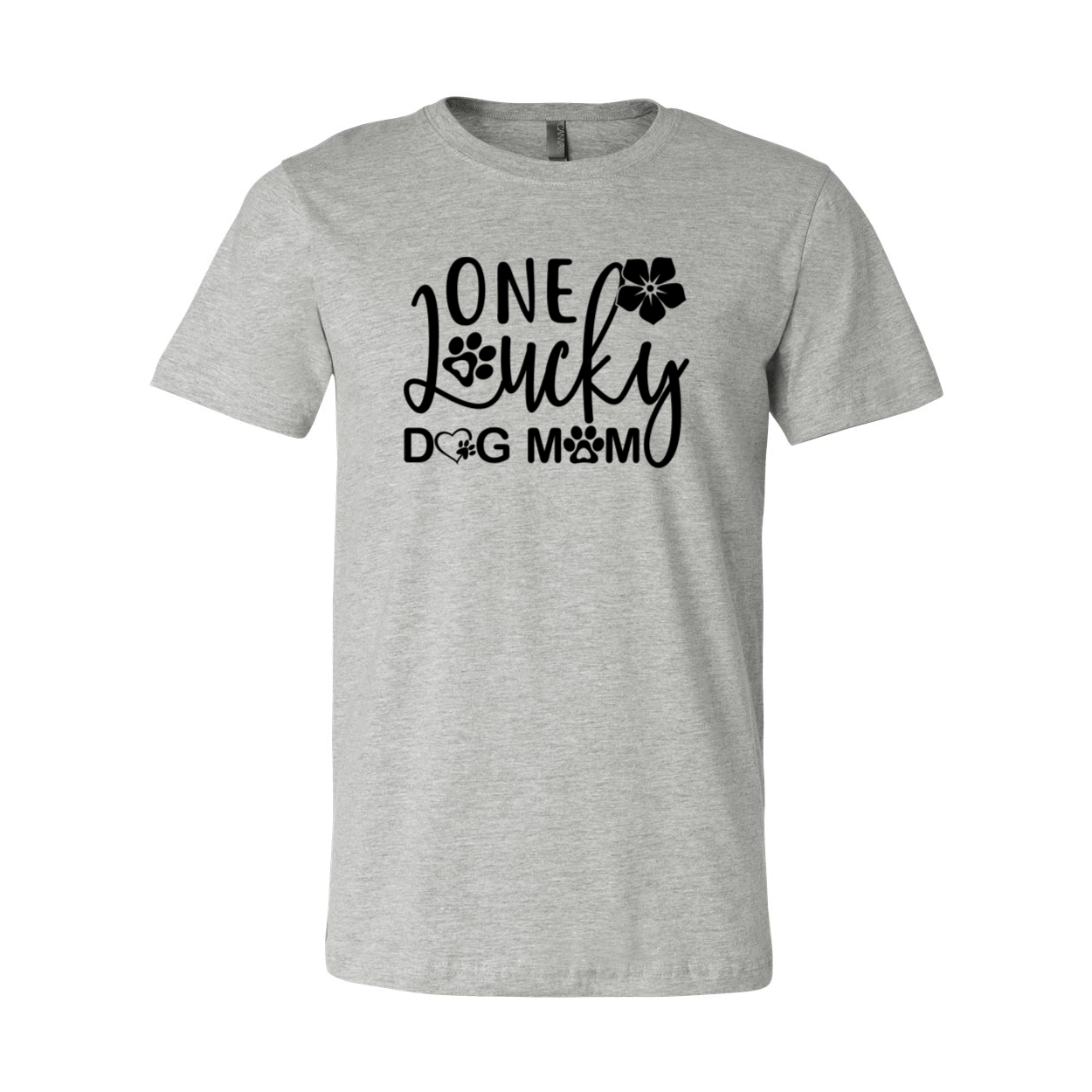 A stylish unisex T-shirt with the phrase 'One Lucky Dog Mom' printed on it, showcasing a comfortable fit and available in various colors.