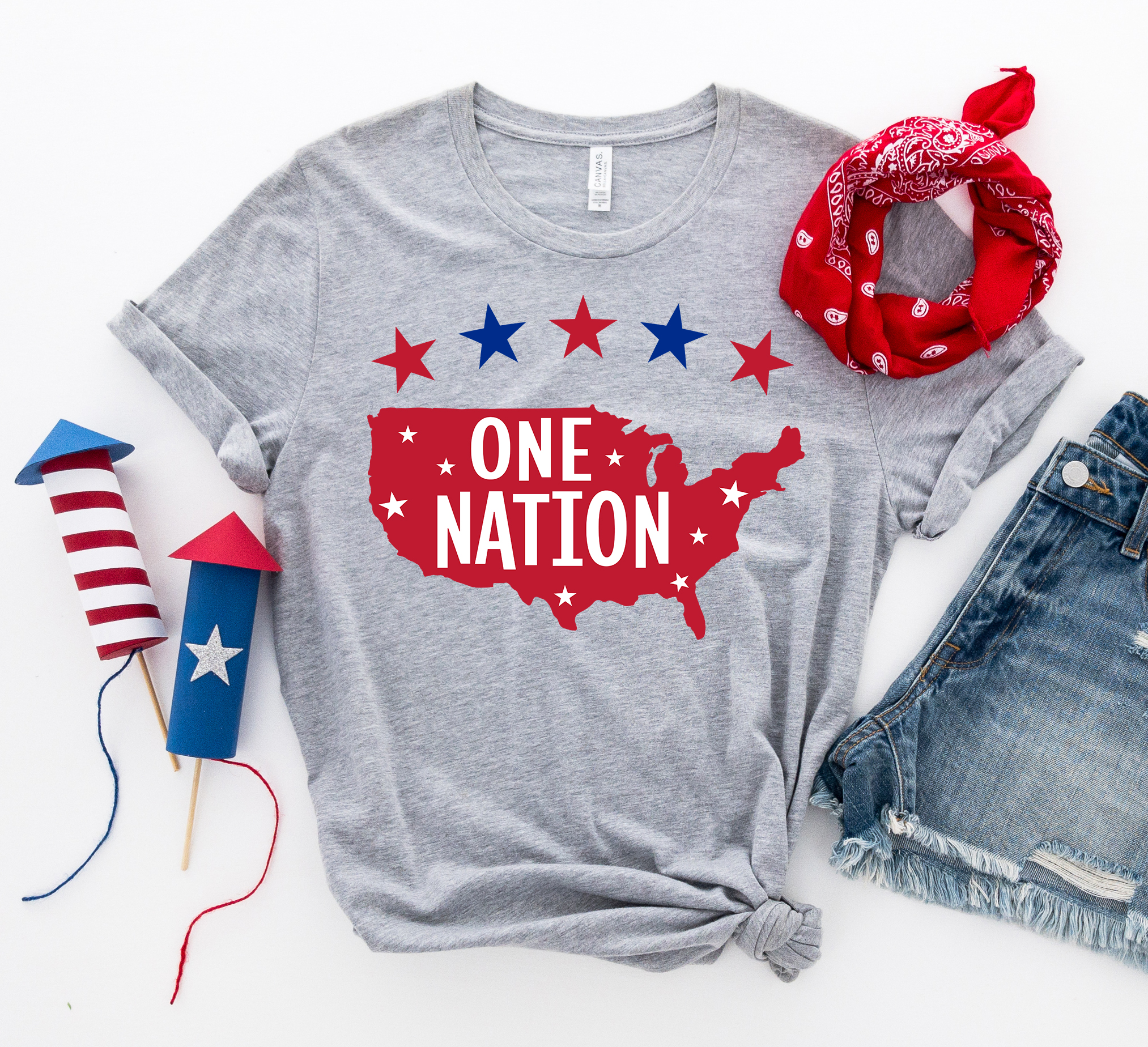 One Nation America T-shirt made of premium ring spun cotton with a vibrant patriotic design.