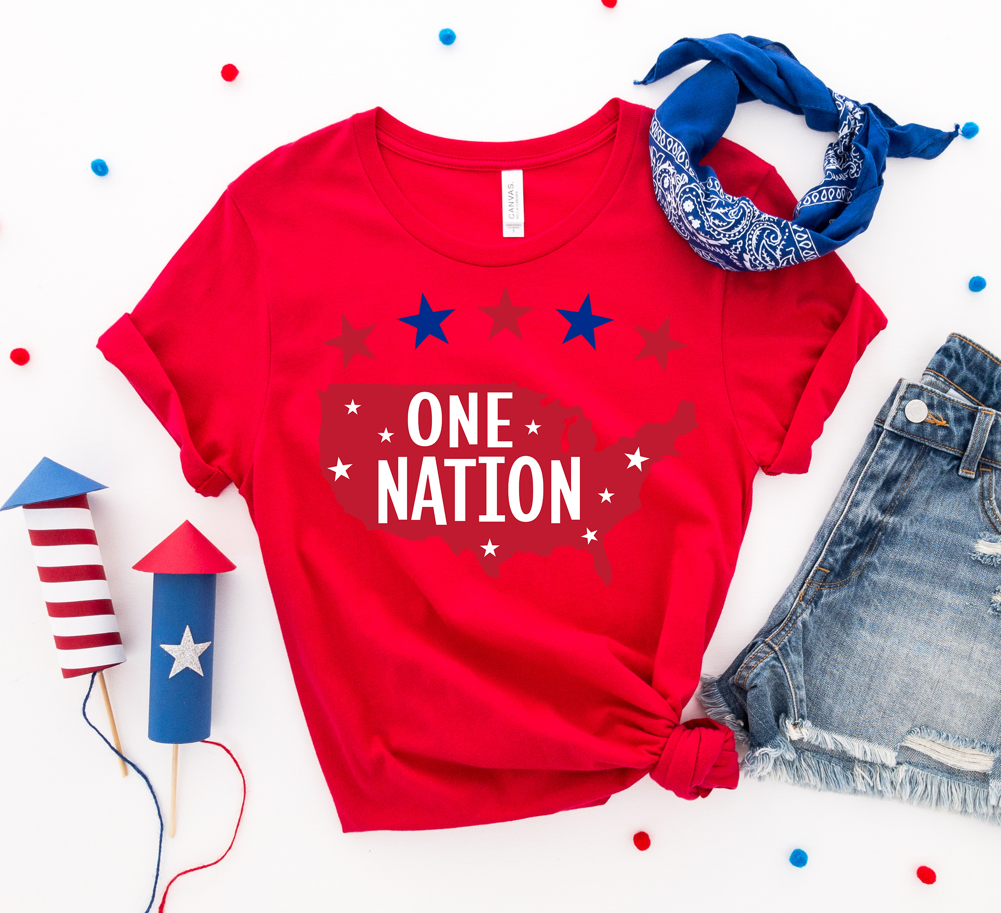 One Nation America T-shirt made of premium ring spun cotton with a vibrant patriotic design.