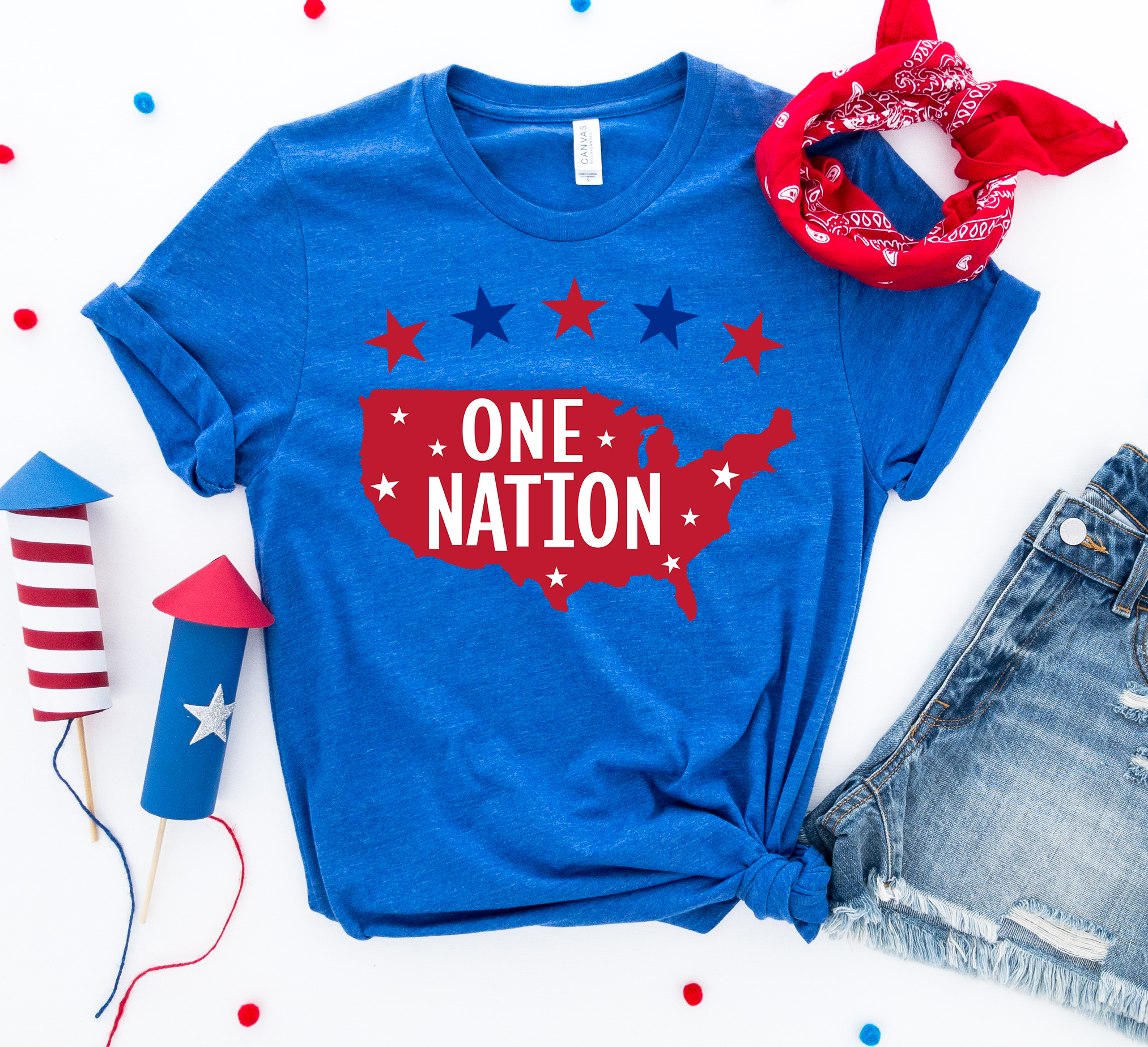 One Nation America T-shirt made of premium ring spun cotton with a vibrant patriotic design.