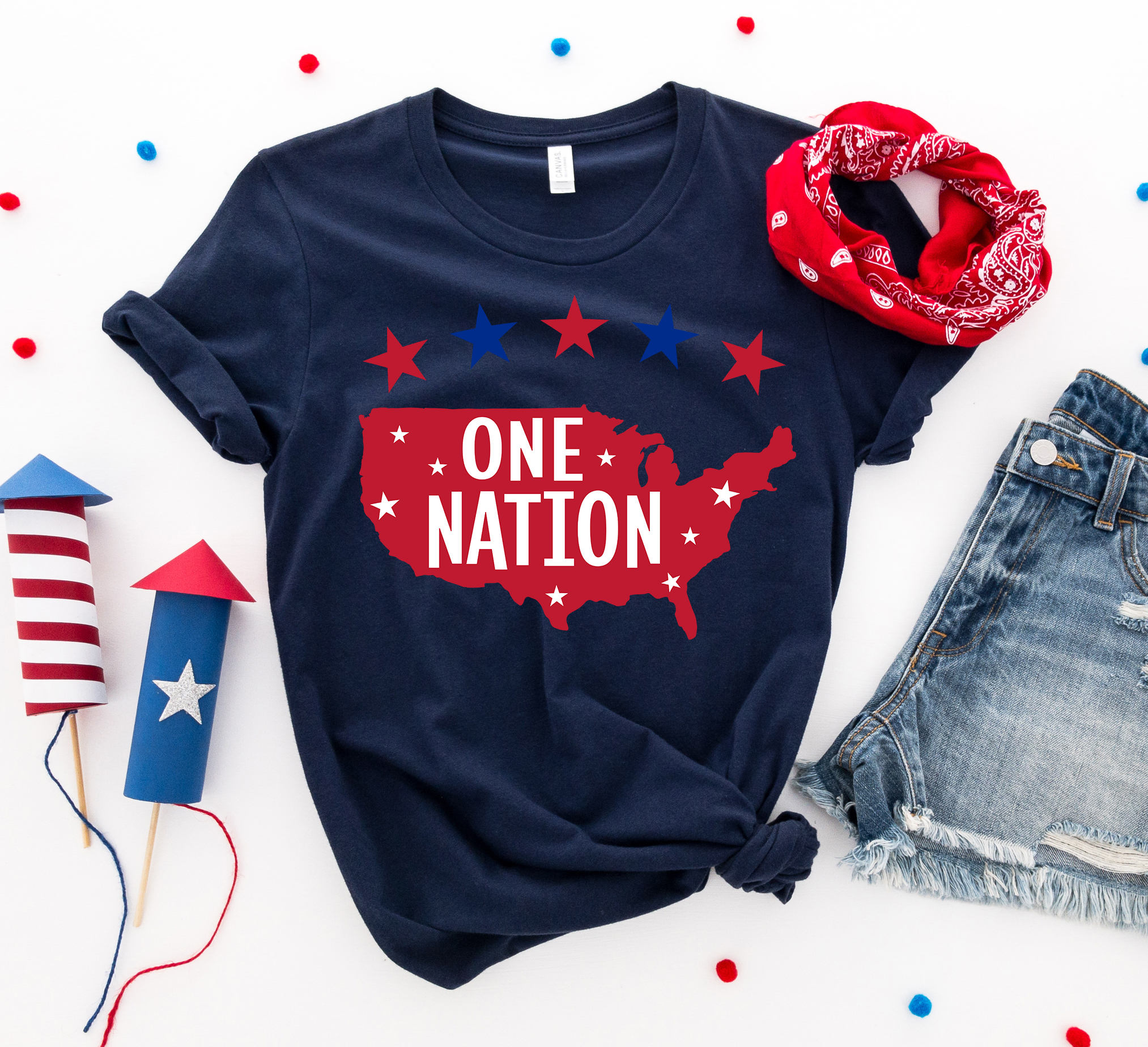 One Nation America T-shirt made of premium ring spun cotton with a vibrant patriotic design.