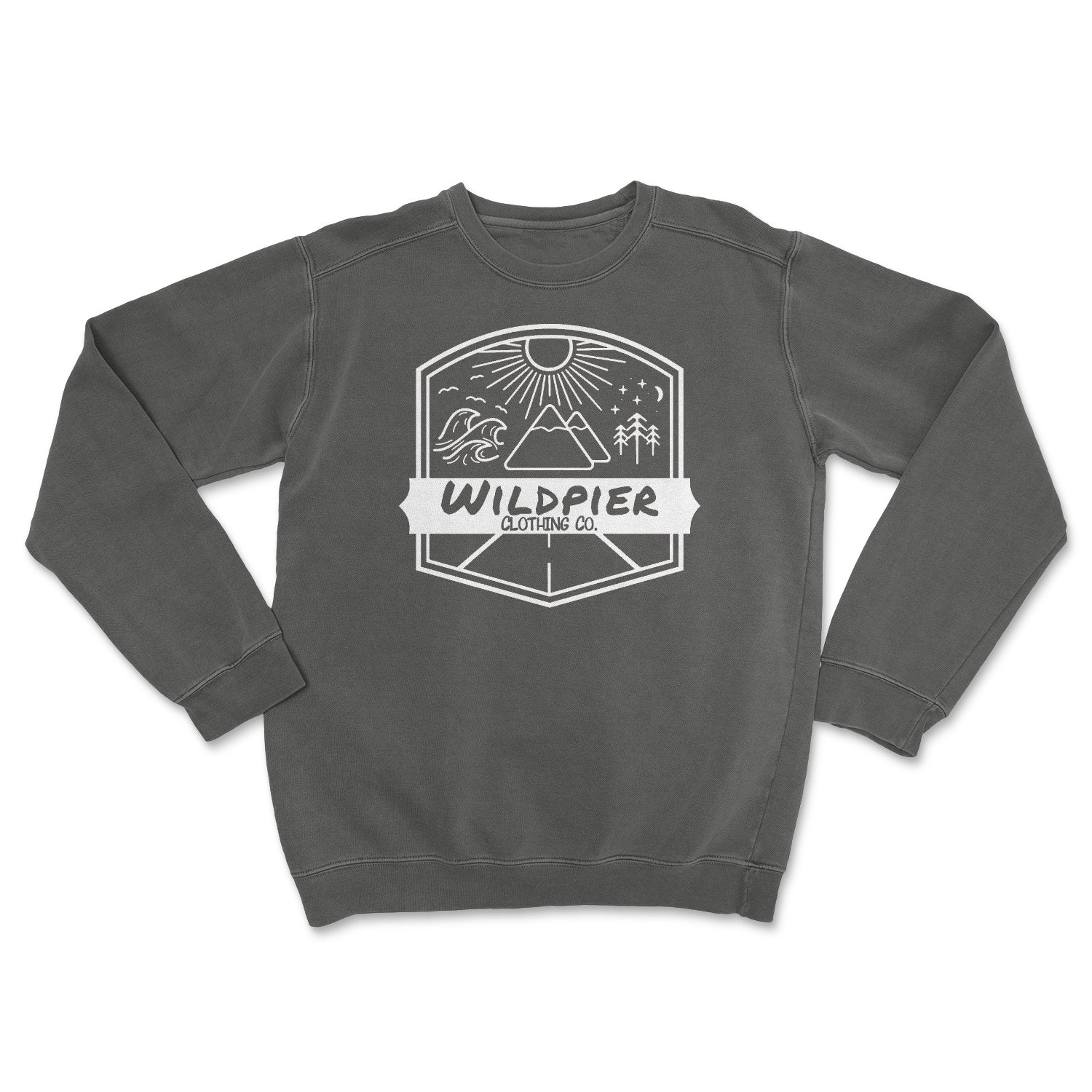 Original Crew Neck Pepper shirt featuring a minimalist design with sun, waves, mountains, and trees, perfect for outdoor enthusiasts.