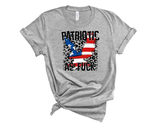 Patriotic As Fuck Leopard Graphic Tee featuring a bold leopard print design on a unisex t-shirt.