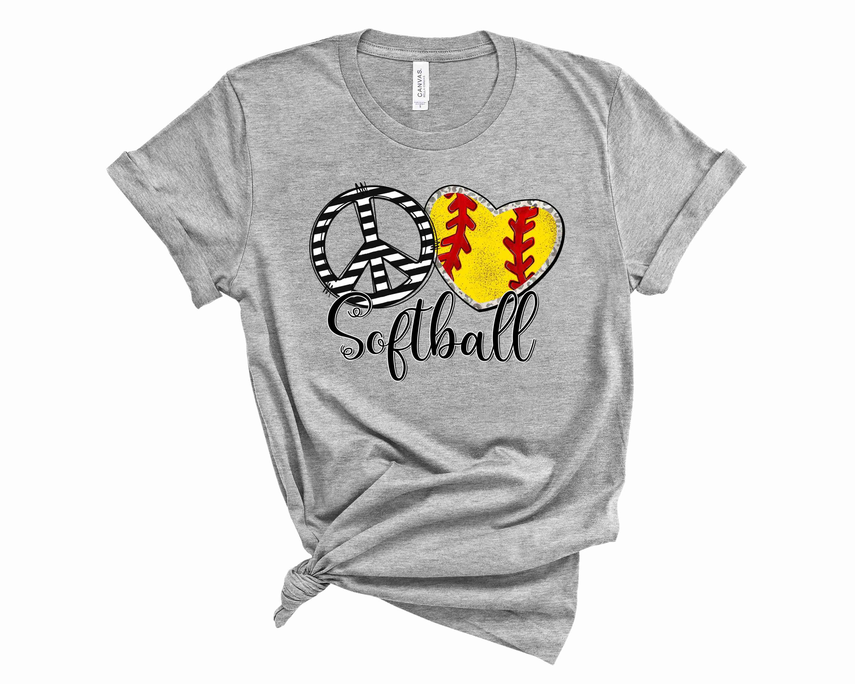 A unisex Peace Heart Softball Graphic Tee featuring a vibrant heart design with a softball motif, perfect for casual wear.