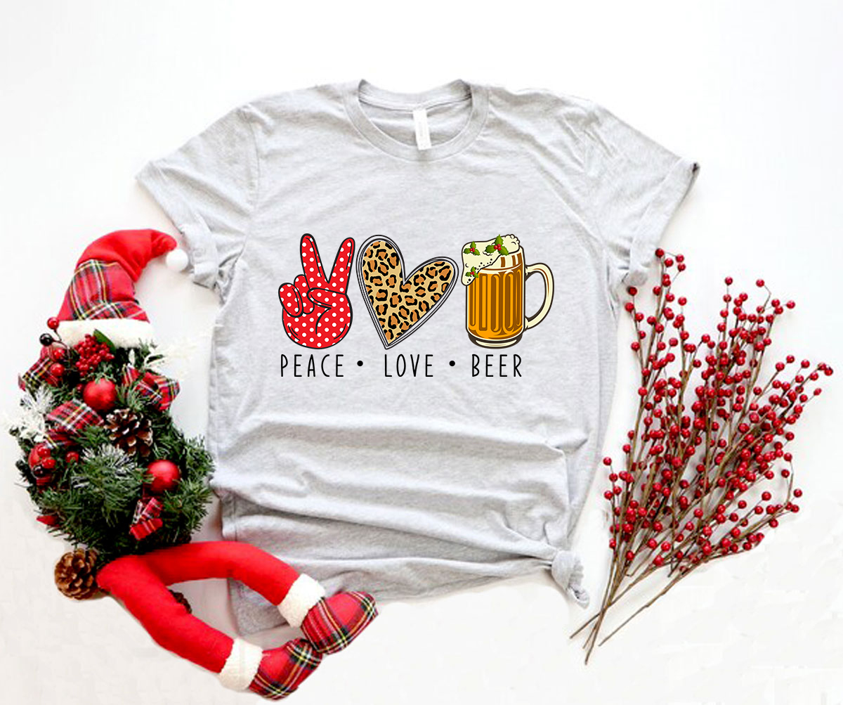 Unisex Peace Love Beer Shirt in various colors, showcasing a comfortable fit and high-quality print.