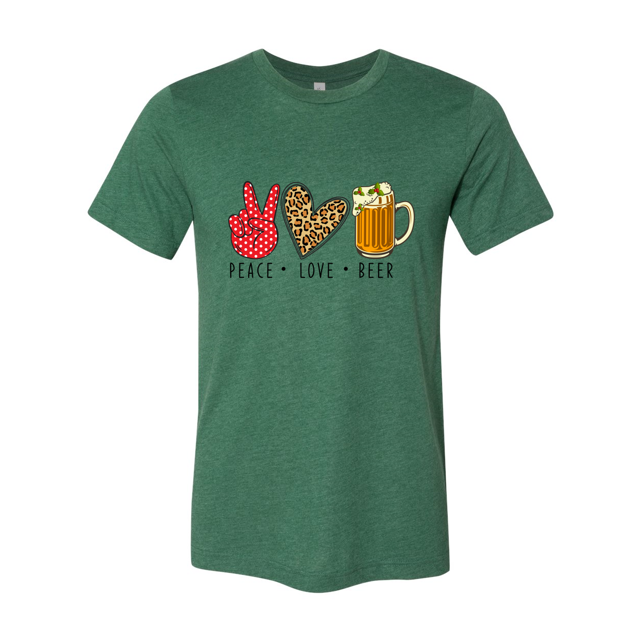 Unisex Peace Love Beer Shirt in various colors, showcasing a comfortable fit and high-quality print.