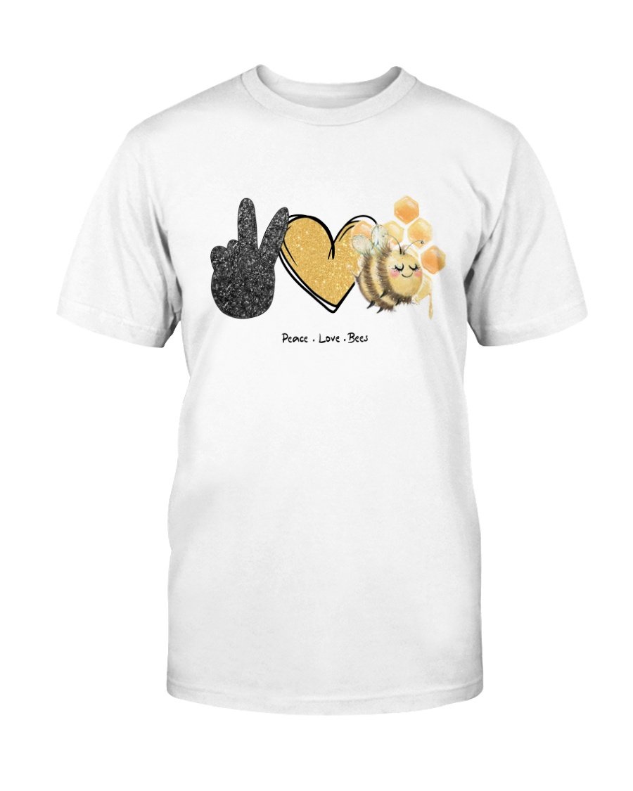 A unisex Peace Love Bees Shirt made from soft ring spun cotton, featuring a vibrant print design, available in multiple colors.