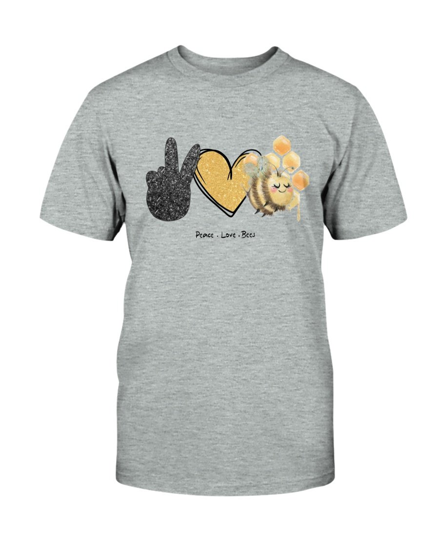 A unisex Peace Love Bees Shirt made from soft ring spun cotton, featuring a vibrant print design, available in multiple colors.