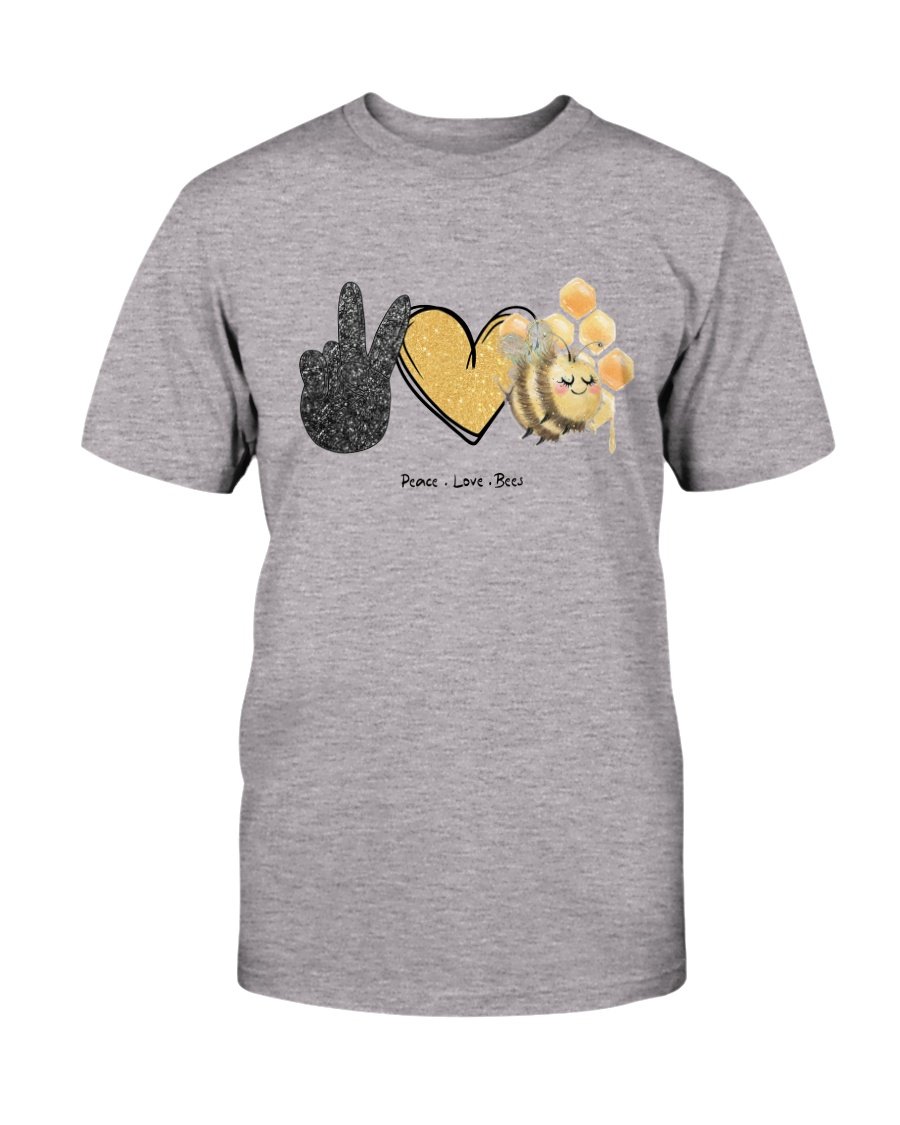 A unisex Peace Love Bees Shirt made from soft ring spun cotton, featuring a vibrant print design, available in multiple colors.