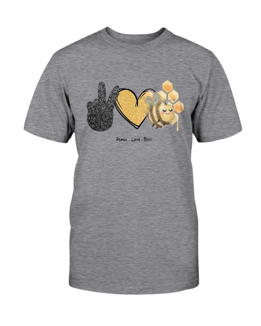 A unisex Peace Love Bees Shirt made from soft ring spun cotton, featuring a vibrant print design, available in multiple colors.