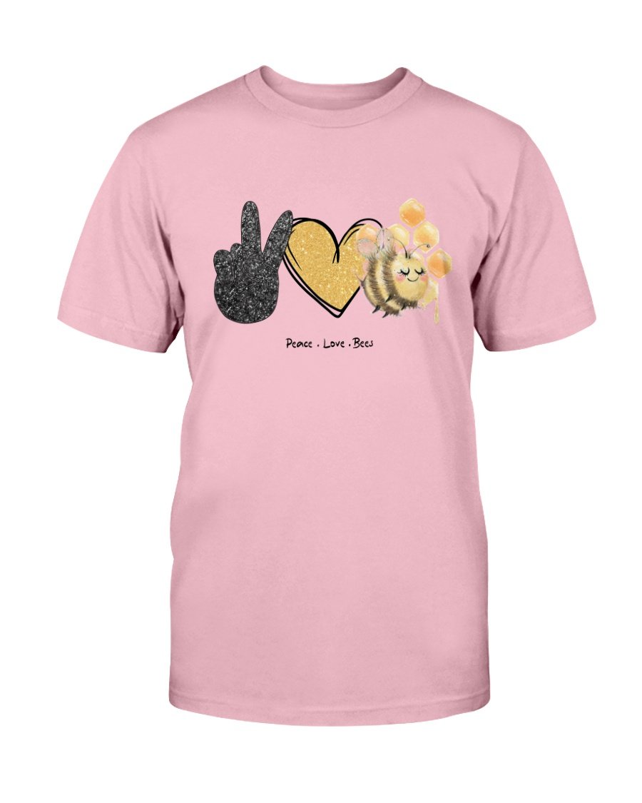 A unisex Peace Love Bees Shirt made from soft ring spun cotton, featuring a vibrant print design, available in multiple colors.