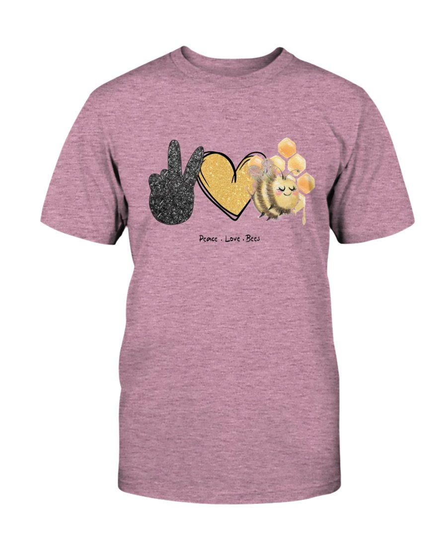 A unisex Peace Love Bees Shirt made from soft ring spun cotton, featuring a vibrant print design, available in multiple colors.