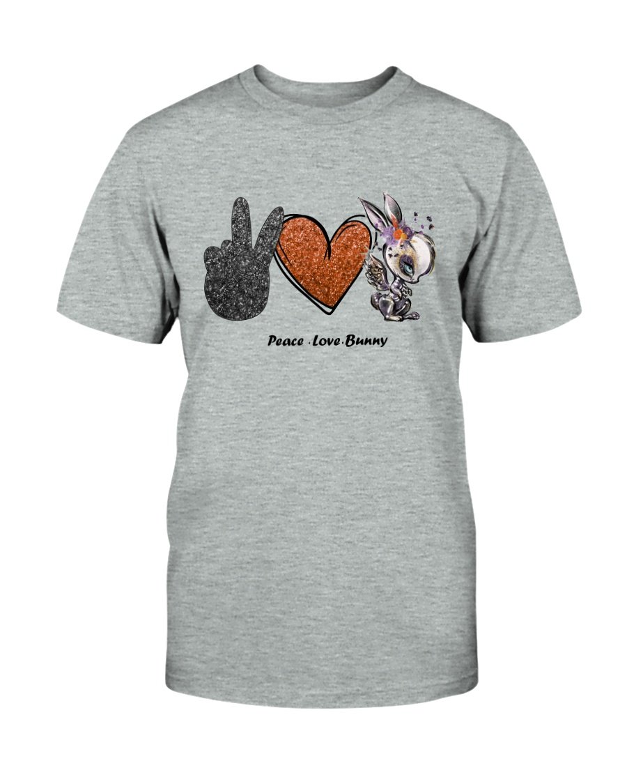 A stylish unisex Peace Love Bunny Shirt made from soft ring spun cotton, available in various colors and sizes.