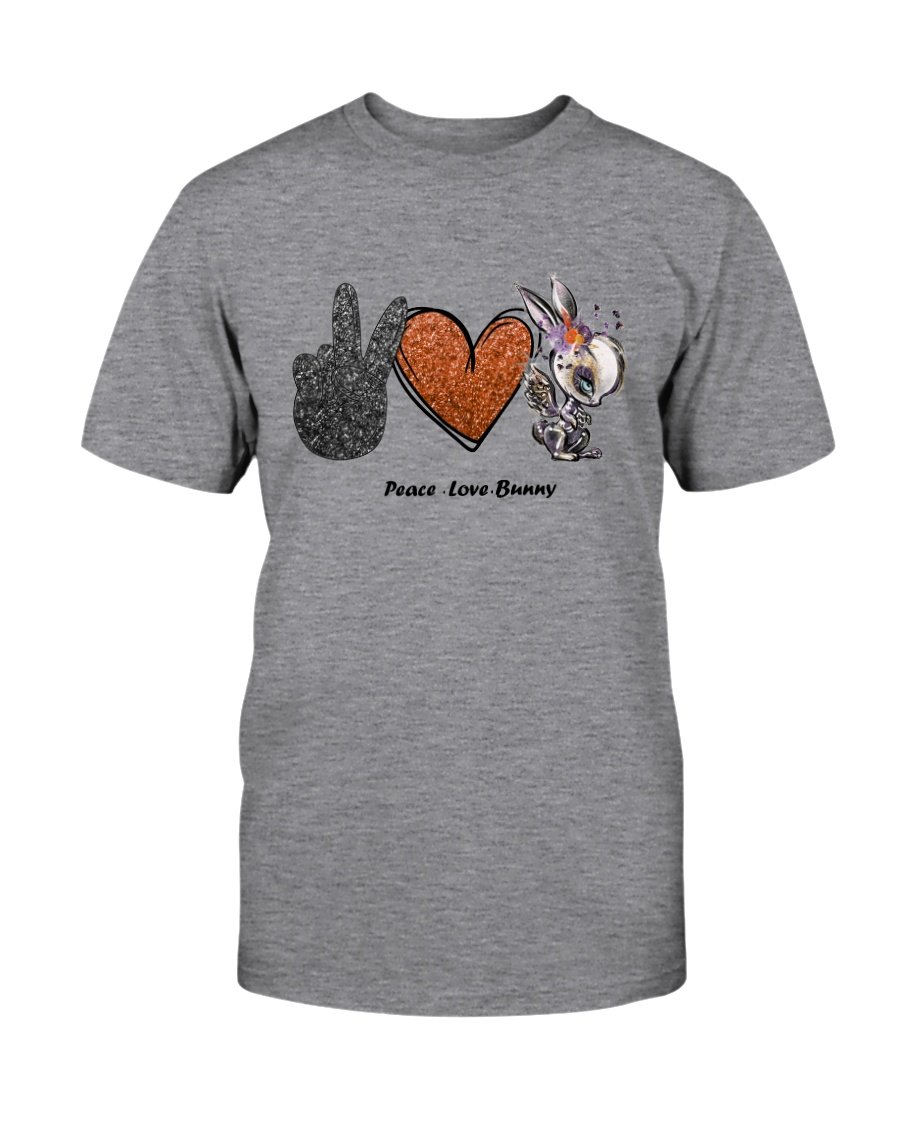 A stylish unisex Peace Love Bunny Shirt made from soft ring spun cotton, available in various colors and sizes.