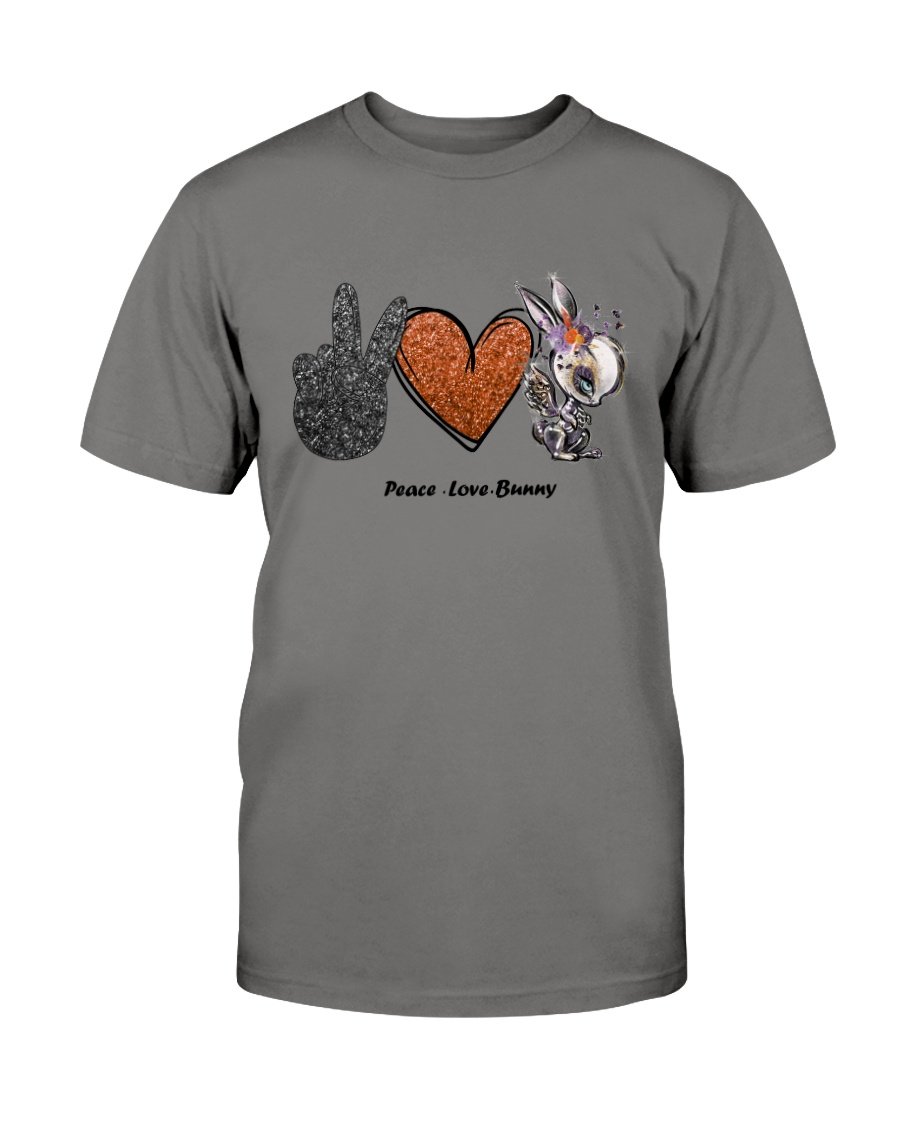 A stylish unisex Peace Love Bunny Shirt made from soft ring spun cotton, available in various colors and sizes.