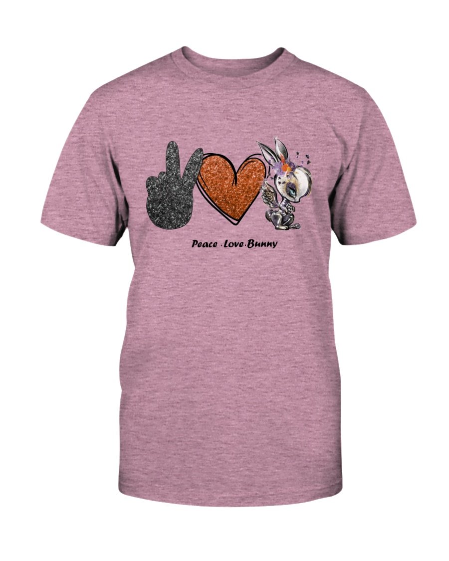 A stylish unisex Peace Love Bunny Shirt made from soft ring spun cotton, available in various colors and sizes.