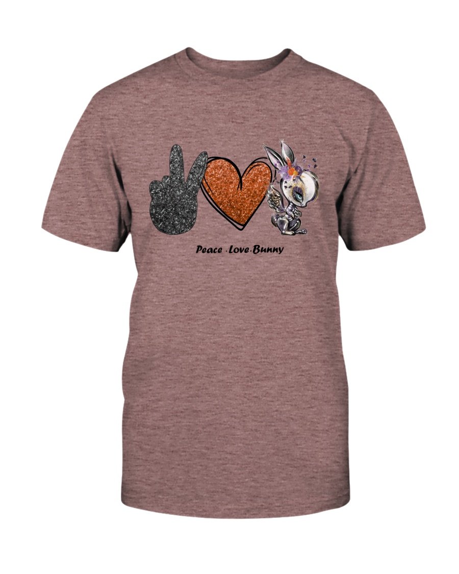 A stylish unisex Peace Love Bunny Shirt made from soft ring spun cotton, available in various colors and sizes.