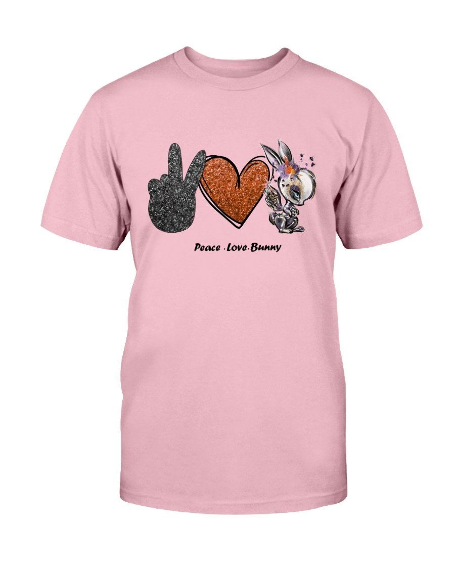 A stylish unisex Peace Love Bunny Shirt made from soft ring spun cotton, available in various colors and sizes.