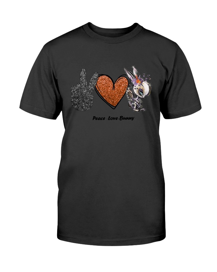 A stylish unisex Peace Love Bunny Shirt made from soft ring spun cotton, available in various colors and sizes.