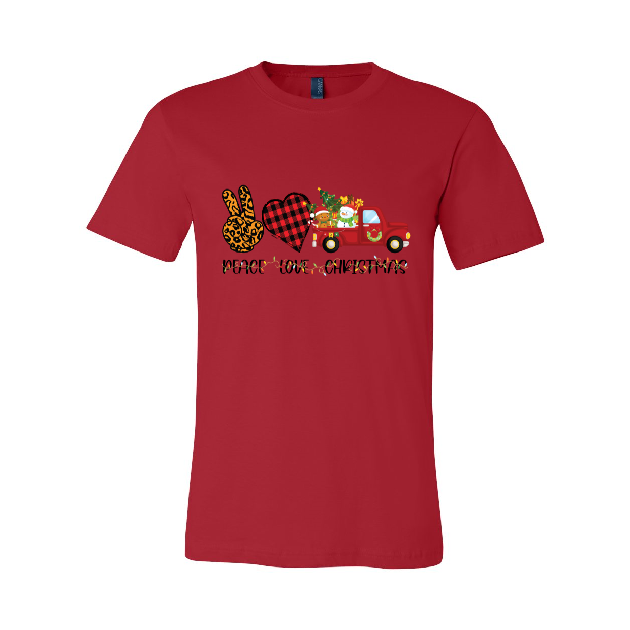 A unisex Peace Love Christmas Shirt in various colors, showcasing its soft fabric and festive design, perfect for holiday celebrations.