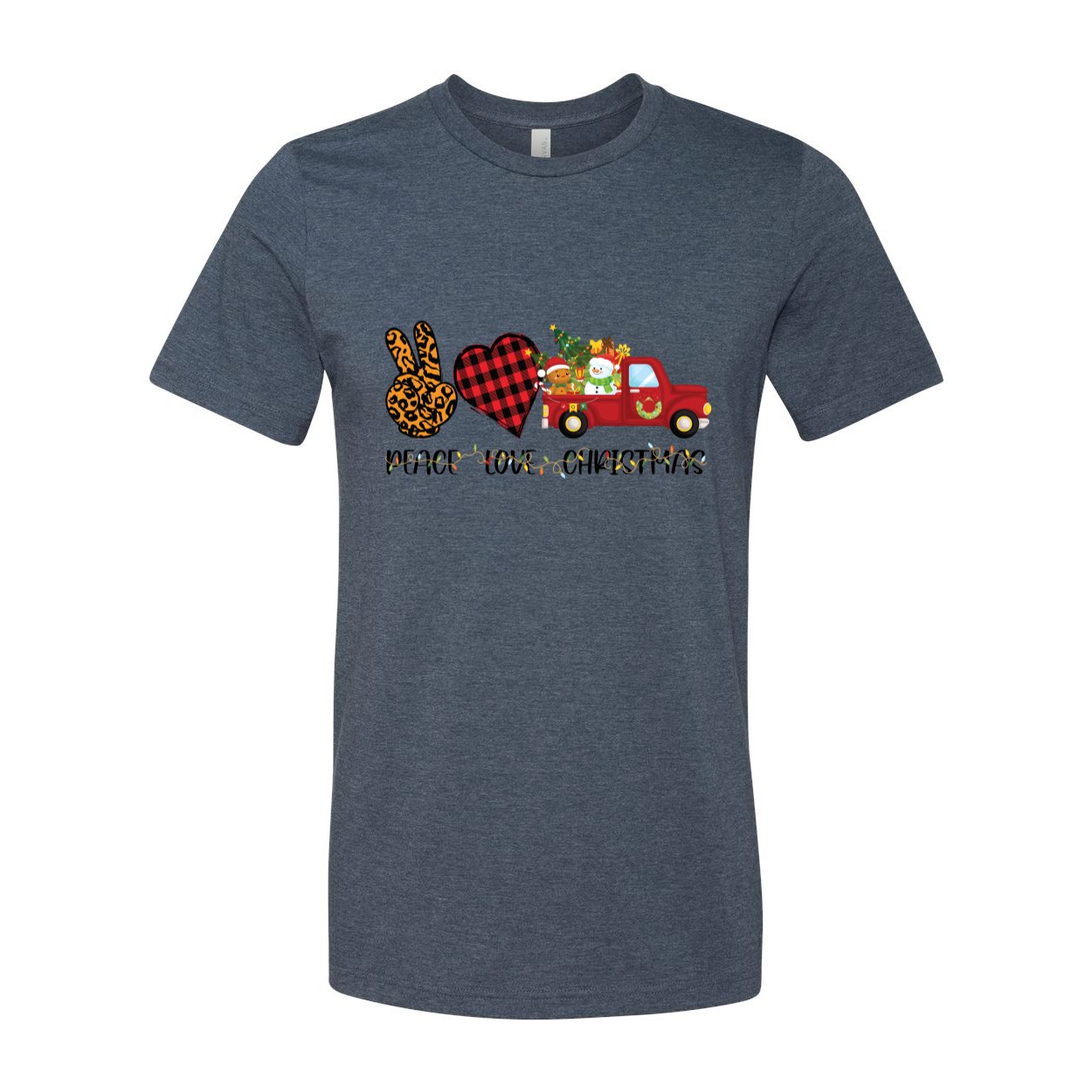 A unisex Peace Love Christmas Shirt in various colors, showcasing its soft fabric and festive design, perfect for holiday celebrations.