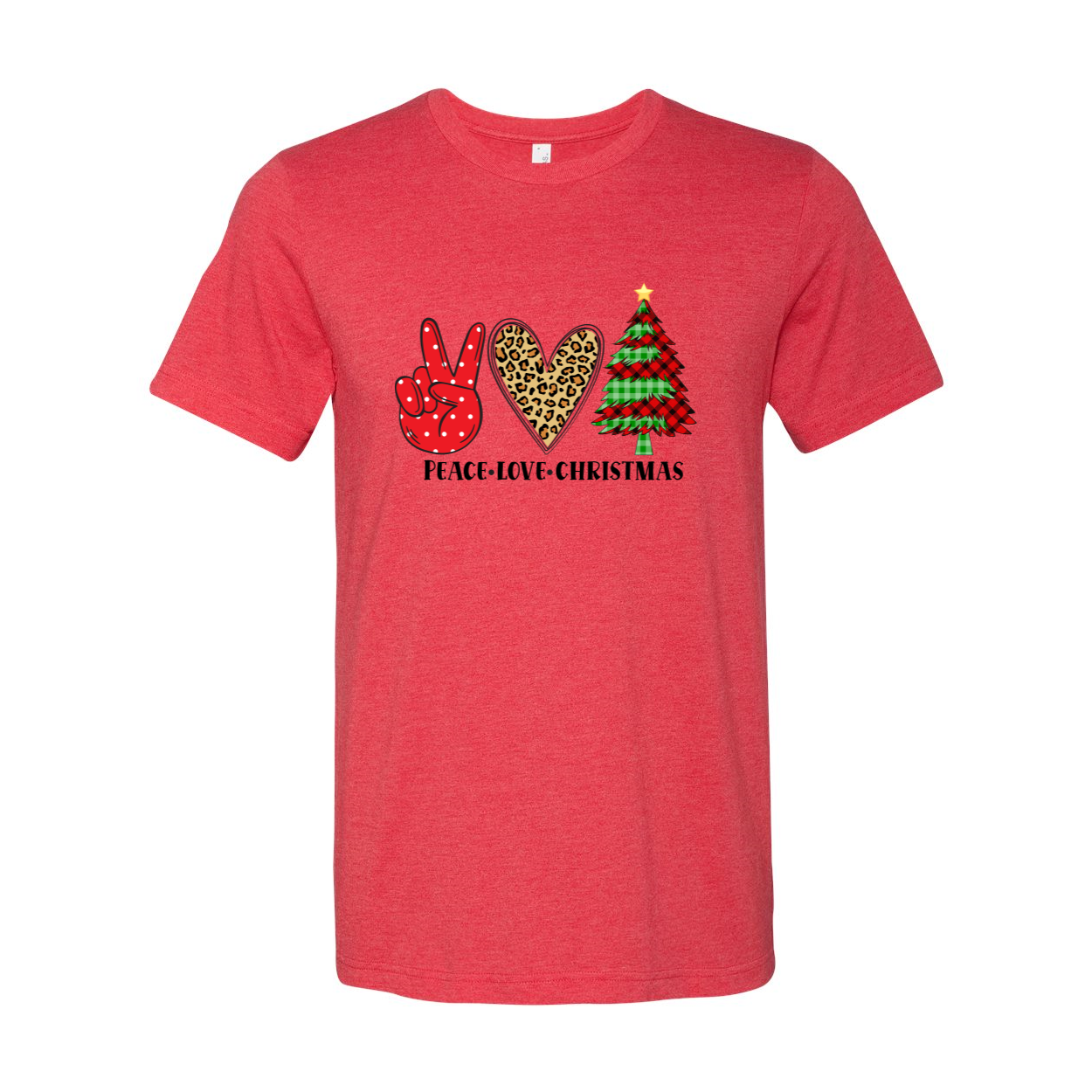 A vibrant unisex Peace Love Christmas Shirt made from soft ring spun cotton, featuring a classic crew neck and available in multiple colors.